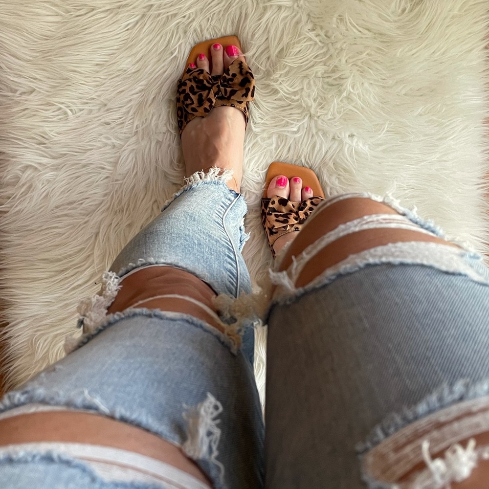 Leopard Bow Square Toe Slide Sandals - Picture 10 of 16